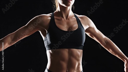 Athletic woman in sportswear showcasing toned body against a dark backdrop