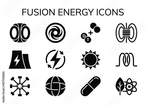 Set of fusion energy icons concept nuclear reactor atom science physics sustainable power