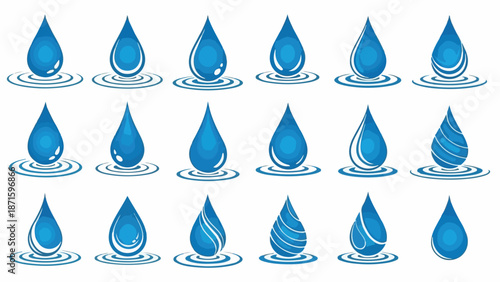 A collection of blue water droplets on white