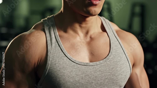 Athletic man in tank top showing physique training inside gym