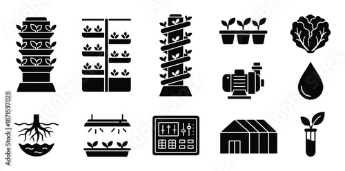 Set of vertical farming line icons in black color isolated on transparent background eps format