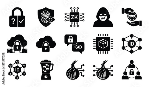 Set of zero knowledge icons concept computer technology system security cryptography access data