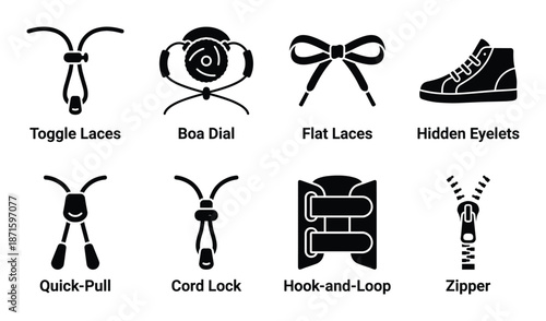 Shoe laces types icons set vector illustration for footwear design and elements concept