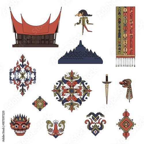 A collection of cultural symbols and decorative elements