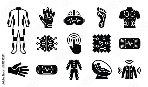 Simple set of virtual reality related vector line icons in black color on transparent background