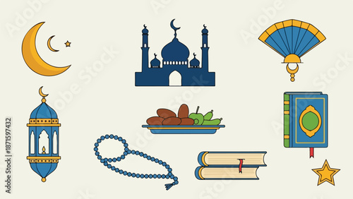 A collection of eight Ramadan symbols and icons