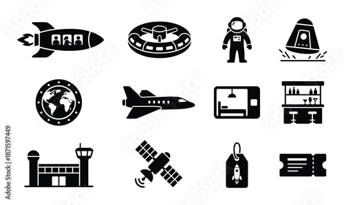 Space tourism and galactic travel symbols showing rocket ship astronaut satellite and orbital station