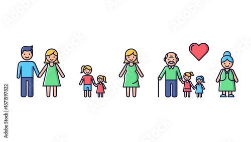 Diverse Family Generations Icon Set Depicting Love Relationships and Stages of Life