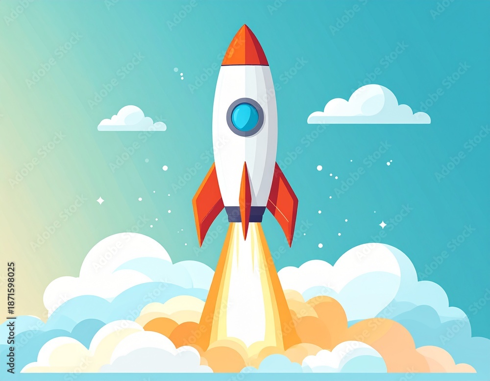 Fototapeta premium Cute Rocket Launch Illustration Symbolizing Startup Growth Innovation