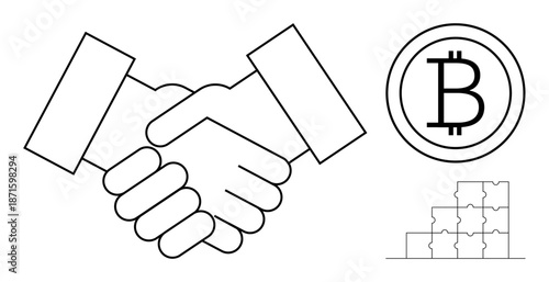 Blockchain concept. Blockchain by handshake, Bitcoin emblem, and puzzle pieces reflecting decentralization. Blockchain for cryptocurrency, business agreements, fintech, decentralized systems