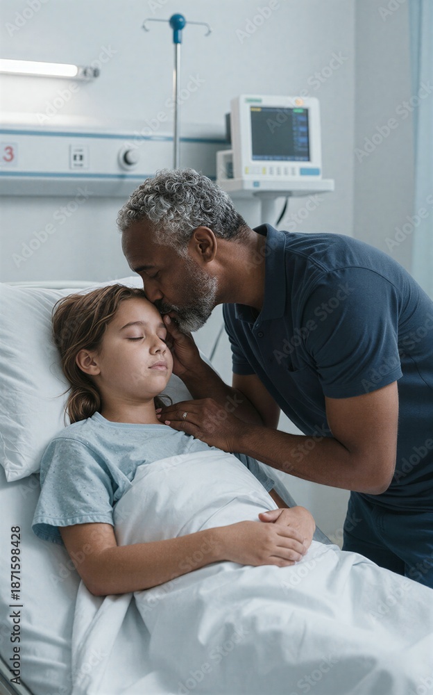 Obraz premium Father gently kisses daughter's forehead in hospital bed, offering comfort and love.