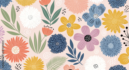 Seamless floral pattern with colorful hand-drawn flowers and leaves on a light background.