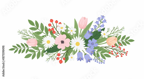Colorful floral arrangement with various spring flowers and green leaves on a white background.
