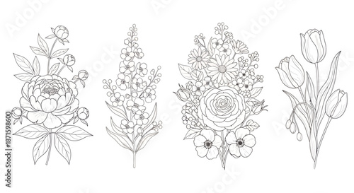 Hand drawn black and white floral bouquet illustrations for coloring or design projects.