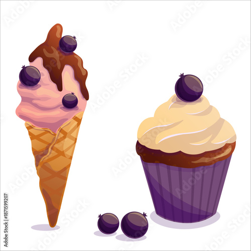 Colorful blueberry treats. Blackcurrant, blueberry, ice cream, cupcake, dessert, menu, advertising