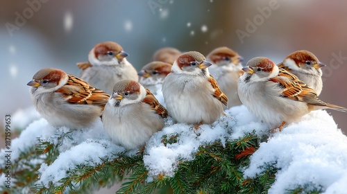 Winter Sparrow flock of sparrows snowy bush winter bird wildlife soft snowflakes calm mood