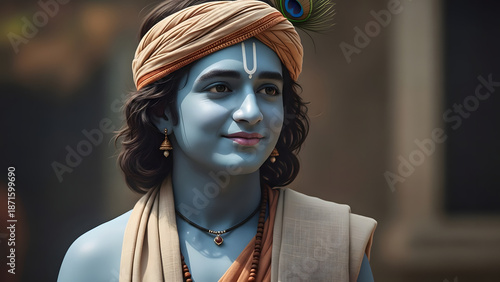Hindu God Portrayal with Blue Skin and Traditional Attire