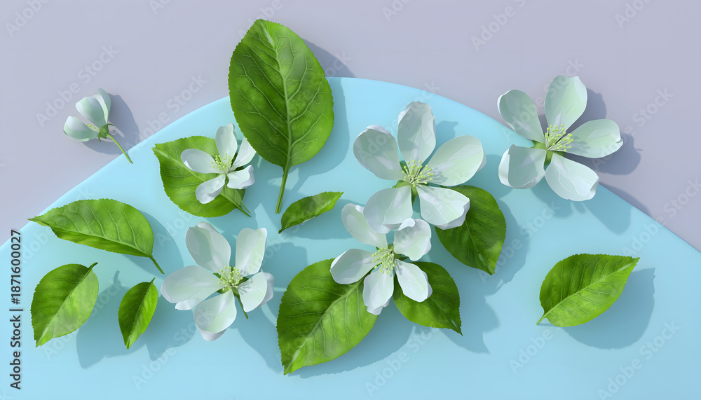 Fototapeta premium White Apple Tree Flowers and vibrant green leaves on an abstract pastel podium, perfect for cosmetic branding, spring promotions, packaging design, and floral backgrounds