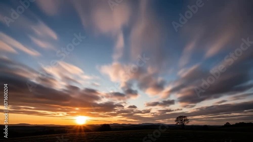Dramatic sunset with long exposure clouds over a rural landscape, creating a serene atmosphere.