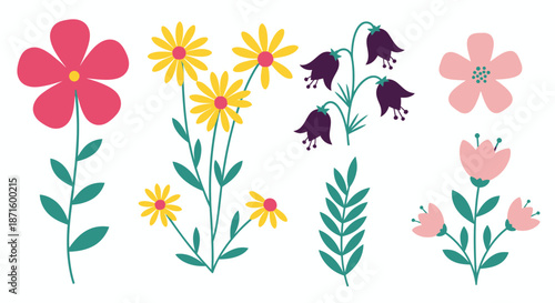 Collection of colorful hand-drawn wildflowers and leaves in various shapes and sizes.