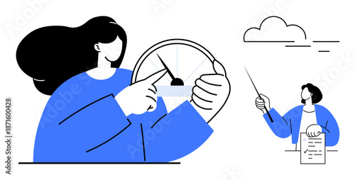 Person adjusting speedometer representing performance tracking, other holding clipboard and pointing at goals. Ideal for teamwork, success, leadership, planning, progress, analytics, simple flat