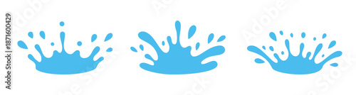 Set of three blue water splash crowns. Cartoon liquid drops and spray shapes for abstract design, decoration, summer and creative graphics