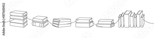 Set of books in a one line. Minimal black line art for reading or storytelling concepts