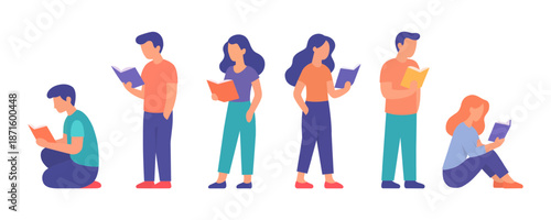 People reading books in standing and sitting positions. Modern minimal characters on white background