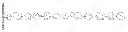 Continuous line drawing of various cute sea animals. Minimalist black contour design for marine-themed decorations