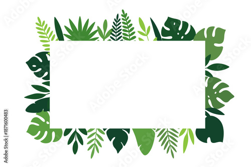 Tropical rectangular frame with green jungle leaves. Botanical border design for invitations, posters, or summer backgrounds