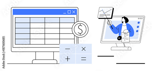 Financial management concept. Financial tools for budgeting, cost tracking, and data analysis. Financial collaboration using technology for remote planning and decision-making. fintech, data