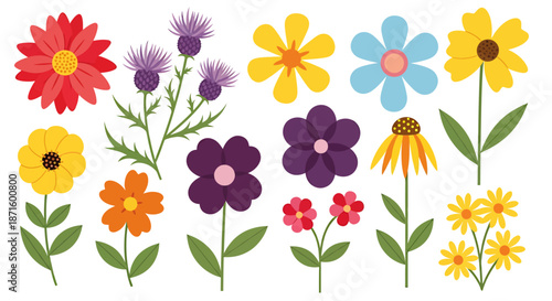 Collection of colorful cartoon flowers with various shapes and sizes on a white background.