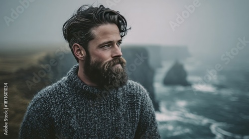 Man with beard looking at ocean landscape