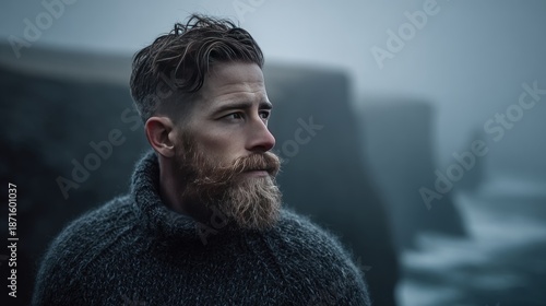 Man with beard looking into distance