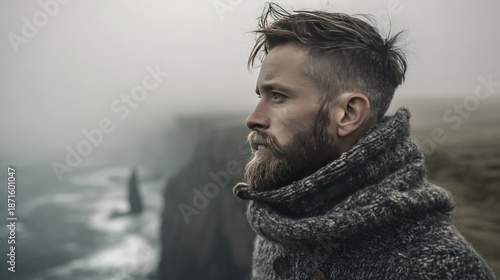 Man gazing at rugged coastal landscape