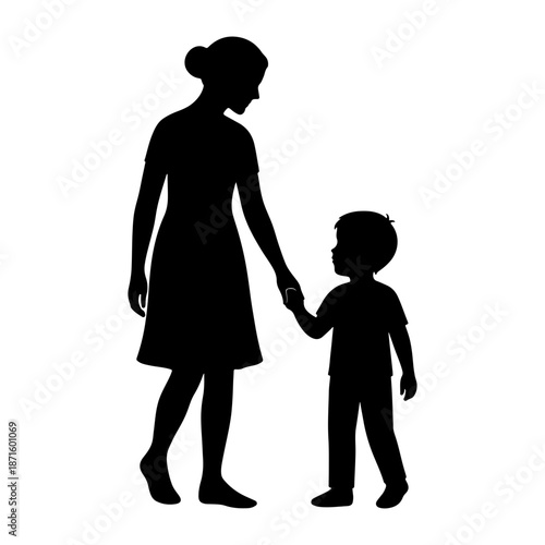 Mother and Child Silhouette Holding Hands Walking Together, Family Love and Care