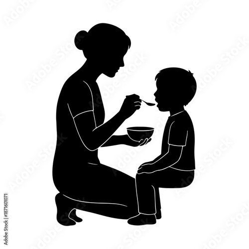 Mother Feeding Child Silhouette, Nurturing Care, Family Mealtime, Healthy Eating, Loving Parent