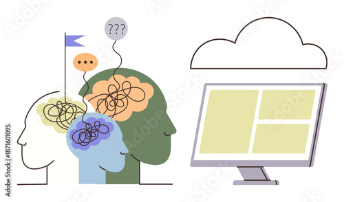 Cognitive processes, digital collaboration, cloud technology, mental health, online communication, brainstorming. Human heads with tangled thoughts, computer screen and cloud. Mental health