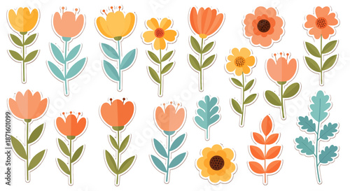 Collection of colorful cartoon flowers and leaves with simple decorative style.