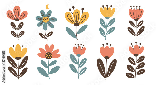 Set of ten hand drawn decorative flowers with leaves in pastel colors on white background.