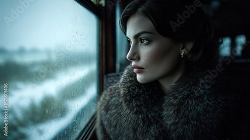 Woman looking out train window winter