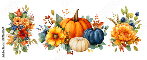 Festive Watercolor Floral Arrangement with Pumpkins and Autumn Decor Elements