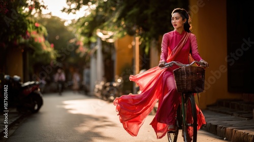 Woman riding bicycle in old town street