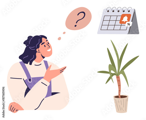 Productivity, time management, reminders, deadlines, organization, and task planning. Woman contemplating with a calendar reminder and question mark. Productivity and time management concept