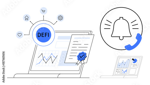 Decentralized finance, blockchain technology, digital transactions, online notification, financial management, fintech innovation. Laptop with chart and certified document, notification icon