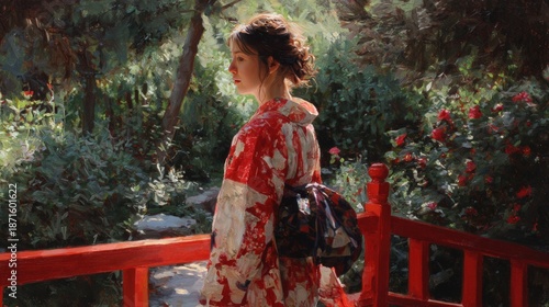 Woman in kimono by red bridge