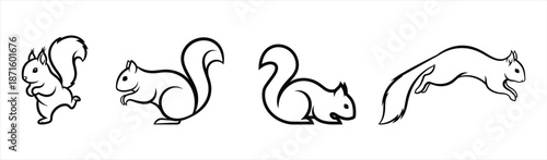 A set of delightful squirrel line art illustrations, depicting various poses and actions