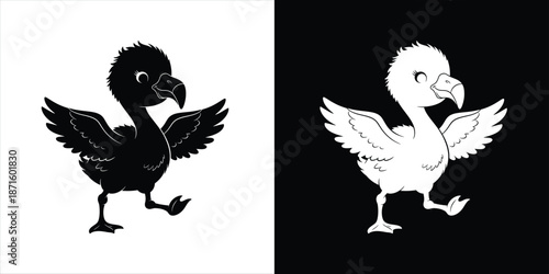 Playful dodo bird silhouette in contrasting black and white styles