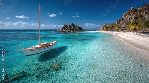 Sailboat turquoise water tropical beach island
