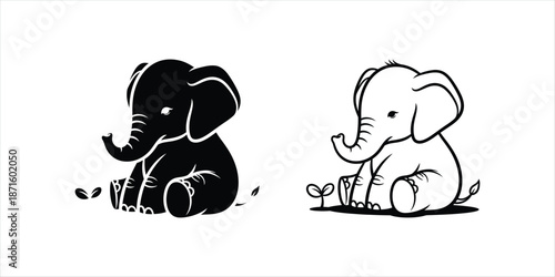 Adorable baby elephant duo in playful sitting pose, charming black and white illustrations for various creative projects